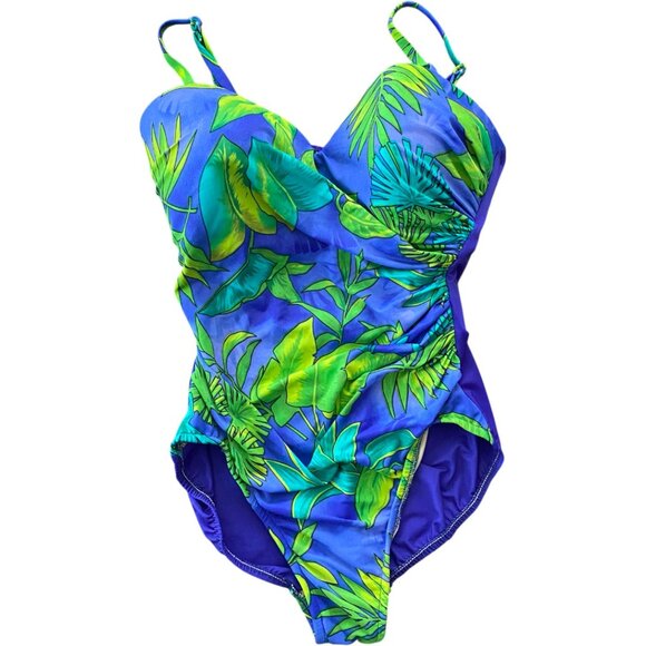 NWT Miraclesuit One Piece Size 12 Blue Green Tropical Ruched Tummy Control - Picture 1 of 8